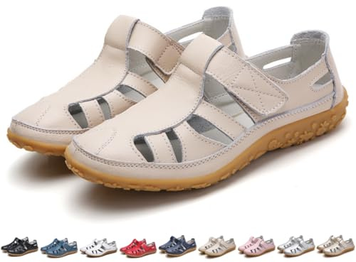 BXCZEDW fiskarsandaler för kvinnor, damer stängda tåsandaler, retro platta äkta läder halkfria gladiatorsandaler, BEIgE, 8 UK Wide
