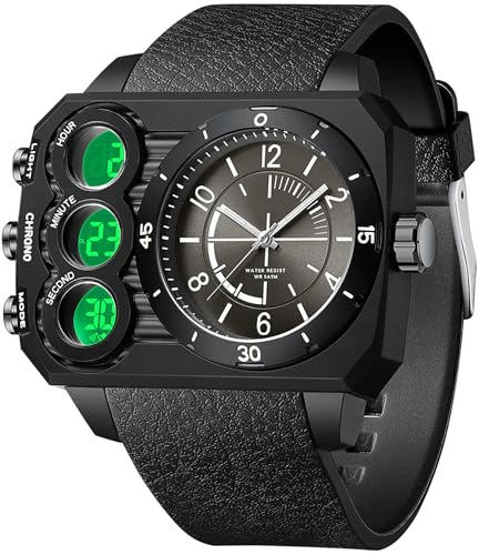Orologi da uomo dal design unico, orologio da uomo, quadrato, oversize, orologio da polso a tre fuso orario, digitale, analogico al quarzo, Nero , cinghia