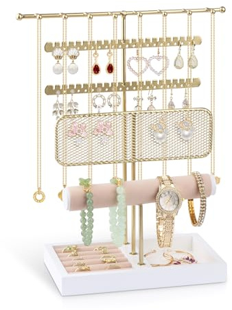 Vandicka Jewellery Stand, Jewellery Holder, Jewellery Organiser with Ring Base, 6 Layer Chain Stand, Chain Storage, Jewellery Organiser Stand for Necklaces, Rings, Bracelets, Watches, Gold
