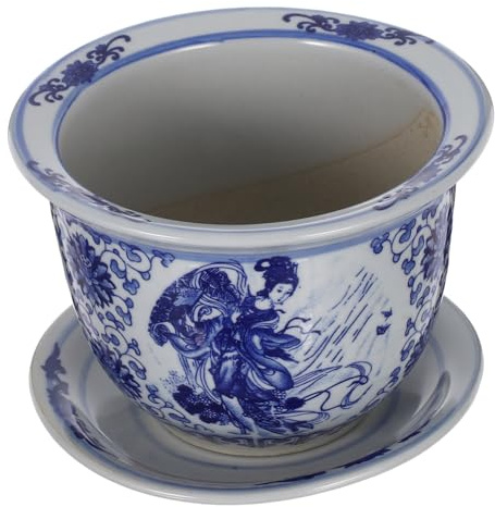 TOGEVAL Pot en Porcelaine Bleue et Blanche avec Plateau Intégré pour Plantes D'intérieur et Succulentes, Pot de Fleurs Chinois 17 Cm Diamètre Extérieur, Jardinière en Céramique Classique