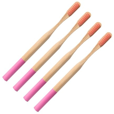 ROMISBABA 4 Stück Nachhaltige Holzzahnbürsten für Erwachsene Weiche Borsten Ergonomischer Griff Rutschfest Biologisch Abbaubar Rosa für Reise und Zuhause
