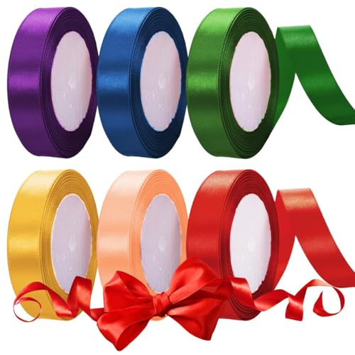 6 Rolls Satin Ribbons for Crafting 22m x 20mm Colorful Silk Ribbon Florist Ribbon, Thick Polyester Smooth Ribbons for Gift Wrapping, Wedding Party Decorations, DIY Art & Crafts
