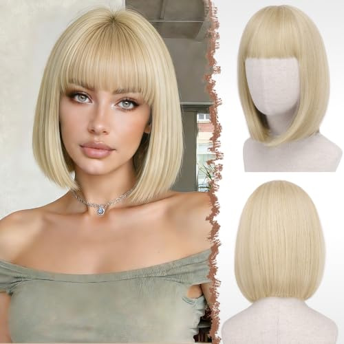 FESHFEN Rubio Claro Corta Bob Pelucas con Flequillo, 30 cm Vistoso Bob Corto de Neón Sintética Peluca para Mujer Festivo Fiesta Disfraz Diario Cosplay Wear Carnaval Light Blonde