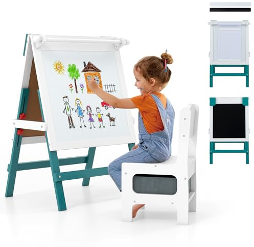 COSTWAY Kinder Staffelei mit Stuhl, höhenverstellbare Kindertafel mit Kreidetafel & Whiteboard, Doppelseitige Spiel-Tafel mit Magnetleisten & Stoff-Aufbewahrungskorb, für Kinder ab 3 Jahren (Grün)