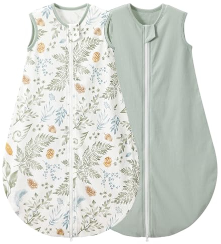 LULUMONKEY Baby Sleeping Bag 0.5 Tog 0-6 Months 2 Pack, 100% Cotton Summer Newborn Sleep Sack Baby Wearable Blanket, Green Forest