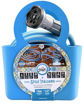 Idroeasy, Tubo Estensibile da Giardino 15 Metri Kit 1/2 con Doccetta, Raccordi e Borsetta, Canna Acqua Estensibile 3x Leggera Anti-Nodo, Tubo Atossico per Terrazzi e Balconi (Azzurro) Made in Italy