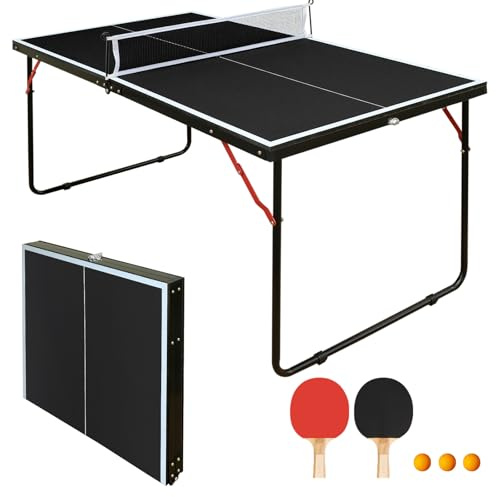 Mini mesa de ping pong plegable de 137 cm – Juego completo con red, 2 raquetas y 3 bolas para interior y exterior, mesa de ping pong portátil para el hogar, color negro