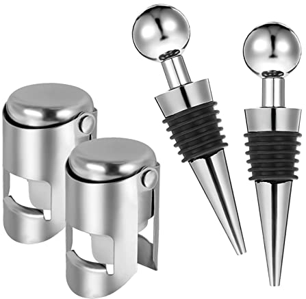Opopark 4 Pcs Bottle Stoppers Stainless Steel Prosecco Stopper Wine Corks Bottle Topper Reusable Champagne Stop for Wine Champagne Beer Collection