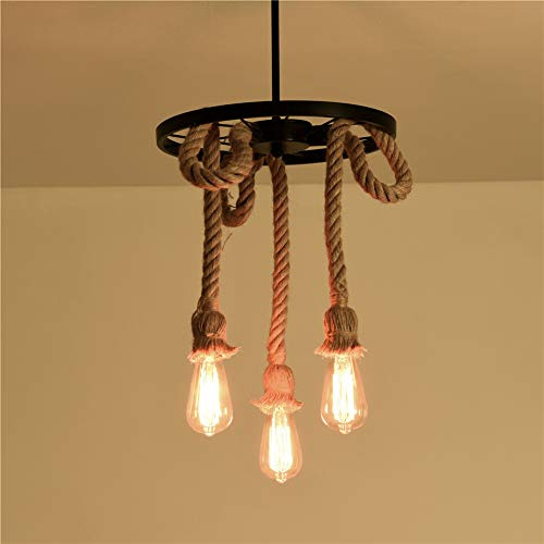 iDEGU Lampadario a sospensione in corda di canapa, E27 lampada a sospensione industriale creativa fai da te plafoniera per sala da pranzo, soggiorno, caffè, ristorante (3 lampade)