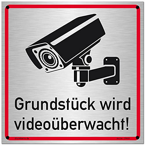 Schilderio Grundstück wird videoüberwacht Schild (20x20 cm Alu Verbund) Warnschild Hinweisschild zur Kennzeichnung einer Kamera Überwachung, 3mm Alu VB gebürstet, inkl. Bohrlöcher
