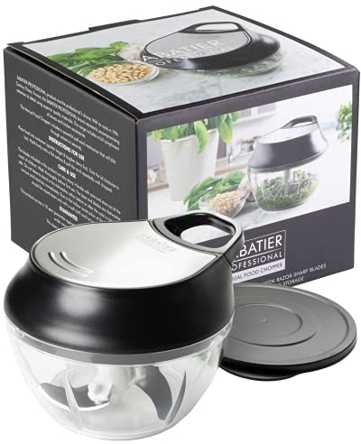 Small Manual Hand Food Chopper - Sabatier Professional Nut, Fruit and Vegetable Processor, Slicer, Cutter And Dicer. Pull String, Stainless Steel removable Blades, Lid, BPA-Free. Dishwasher Safe