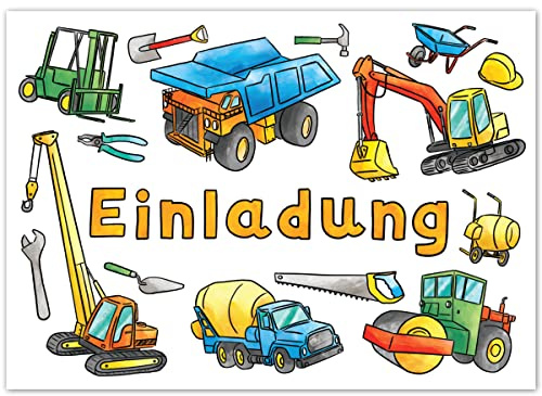 PICTALOO Einladungskarten Baustelle Kindergeburtstag 12er Set - Geburtstagseinladungen für Mädchen und Jungen bis 10 Jahre – Einladung Karte mit Bagger, LKW und Kran für Geburtstag Party