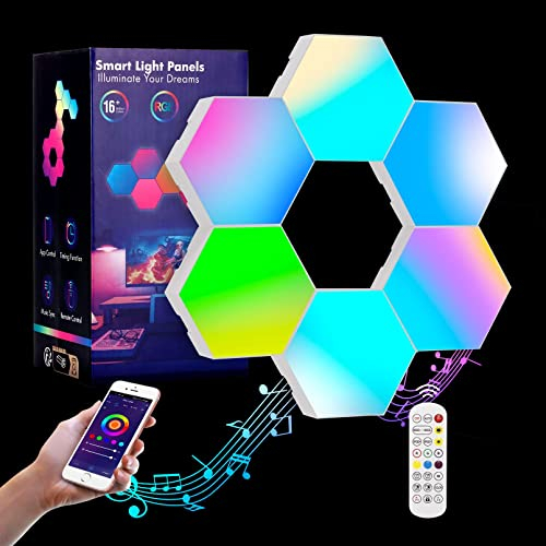 Paneles LED Hexagonal con Control Remoto, Luces LED Pared RGB Neon Pared Inteligentes Luz Nocturna, Panel LED de Empalme de Geometría Bricolaje para Habitación Sala Fiesta, Paquete de 6 (6 PCS)