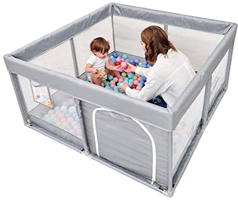 PandaEar Baby Playpen, Gran Parque Infantil para Bebés, Parque Infantil Resistente con Malla Suave y Transpirable, Actividad para niños en Interiores y Exteriores (127×127 CM) (Gris Claro)