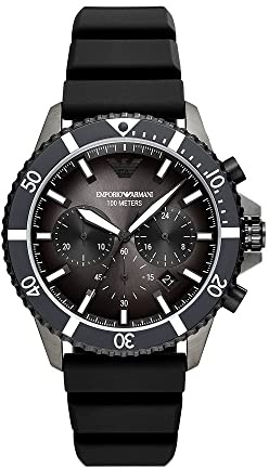 Emporio Armani Reloj Hombre, Movimiento cronógrafo, 43MM Caja de acero Gunmetal con correa de silicona, AR11515, Negro y carbón