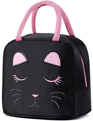 Bolsa de almuerzo pequeña aislada con cara de gato para niños y niñas, lonchera negra para picnic escolar