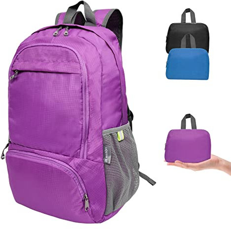 MULISOFT Packbarer Rucksack für Reisen, faltbarer Wanderrucksack, leichter Camping-Rucksack für Damen und Herren, Violett, 30L, Reiserucksäcke