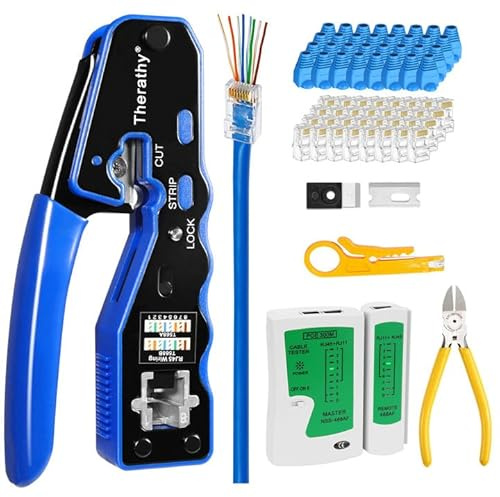 Therathy Kit de herramientas de crimpado RJ45, kit de herramientas de crimpado Ethernet para pasar a través de conectores RJ45, crimpadora Ethernet con conectores Cat 6 (kit de herramientas de