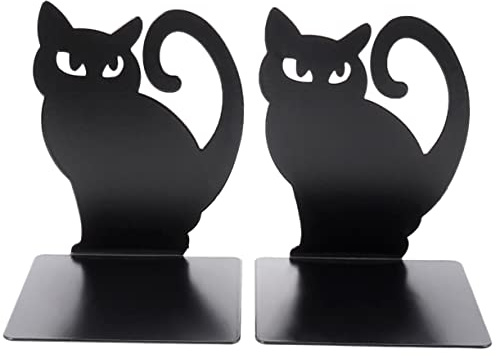 Dekorative Buchstützen Katze 2 Stück aus Eisen für Bücher und Ordner | Schwarz, Einfache Form, für Arbeitszimmer und Wohnzimmer, Stabilisiert Regal und Schreibtisch