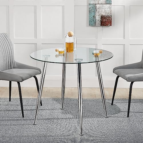 [en.casa] Matbord, Humppila, köksbord, rund, 87 x 75 cm, glasbord för 4 personer, vardagsrumsbord med stålben, kromfärger