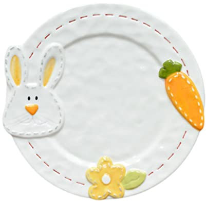 PAREKS Cartoon Easter Plate with Rabbit Carrot Flower Pattern Salad Plate Food Serving Plate Ceramic Fruit Bowl Jewelry Tray Easter Party Table Decoration Kitchen Gadgets 23. 9x23. 2cm