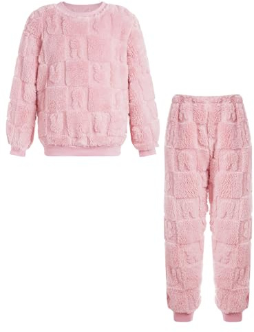 CHICTRY Kids Girls Boys Winter Warm Thicken Flannel Pajama Sleepwear Nightwear Long Sleeve Top with Pants Pjs Set Homewear Pink 13-14 Years