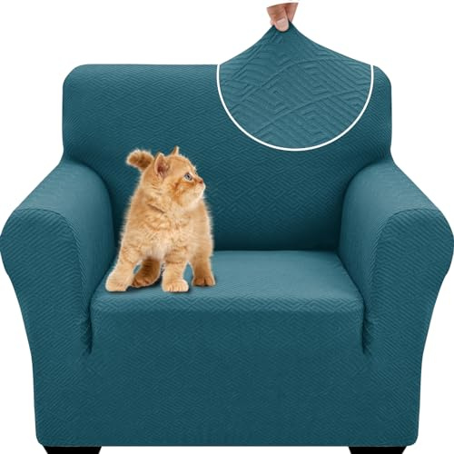 YSTELLAA Sofa Überzug 1 Sitzer, Stretch Sesselschoner, Sofaschoner rutschfest Mit Armlehne, Universal Sofabezug, Dicke Sofabezug Für Hunde Katzen Und Haustiere, Waschbare Sofa Cover, Pfauenblau
