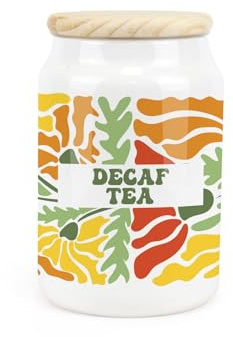 Purely Home Retro Flowers Ceramic Decaf Tea Storage Canister - Orange & Yellow Blossoms Kitchen Food Storage Container & Wooden Lid 600ml (14.5cm x 9.5cm)