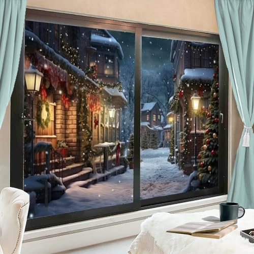 AEMYSKA Country Rustic Lodge Sichtschutz-Fensterfolie, Weihnachten, Schneelandschaft, Buntglas-Fensterabdeckungen, kein Kleber, statische Haftung, Fensterfolie für Zuhause, Büro, Geschäfte, 70 x 120