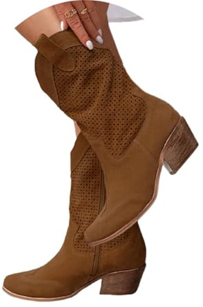 Agiyenna Stivali a Punta da Donna Stivali da Cowboy Bassi Stile Western Stivaletti in Pelle Scamosciata Classici Stivaletti Lisci Traforati per il Tempo Libero Autunno Inverno Stivali Lunghi Eleganti