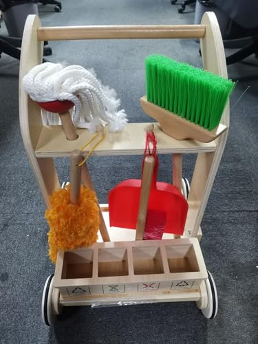 Jacootoys Passeggino di legno per bambini e bambine, set di pulizia educativo con scopa e carrello per bambini di 36 mesi