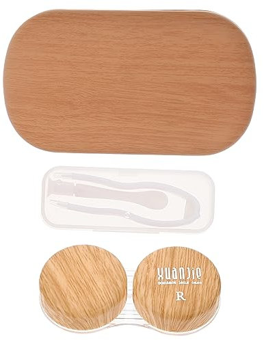 COLLBATH Vintage Leather Contacts Lens Case Set, Large Diameter Wooden Grain Double Holder Leak-Proof Design, Mirror and Clamp Included, Suitable for Contact Lens Storage and Travel