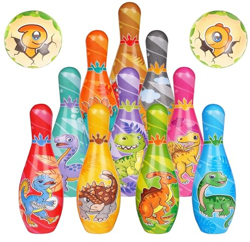 The Magic Toy Shop Soft Bowling Set & Dinosaur Themed Skittles Game - Carnival Games, Educational Indoor & Outdoor Toys for Kids & Toddlers, Boys & Girls, Ages 3 Years+