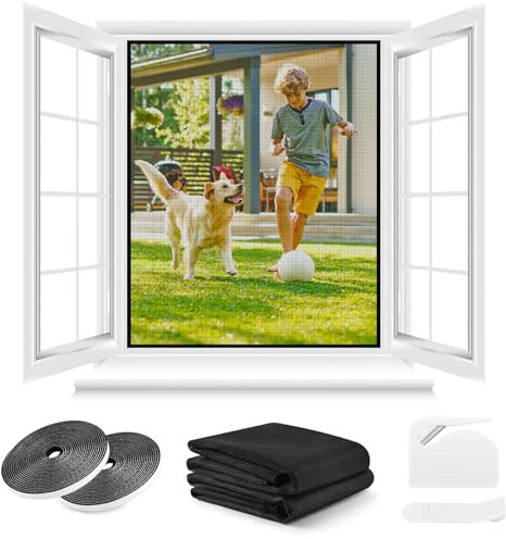 Fliegengitter Fenster ohne Bohren,DIY 110x130cm,2 Stück,Kann auf die Gewünschte Größe Zugeschnitten werden,Verdicktes Netz,Insektenschutz Fenster mit Klettband+Zuschneider+Presshilfe,Schwarz