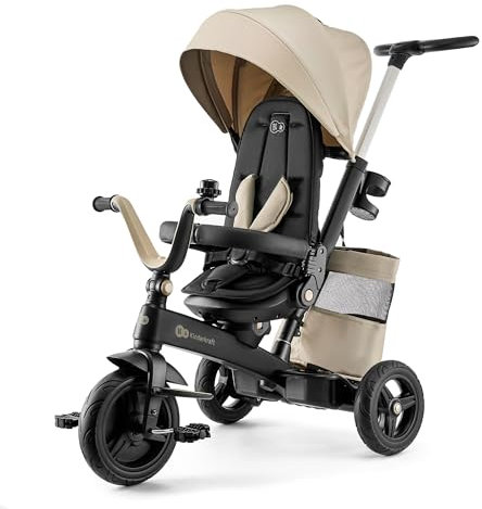 Kinderkraft Dreirad EASYTWIST, Kinderdreirad, Jogger, mit Zubehör, Dachfenster, Sicherheitsgurte, 360 Grad Drehbar, Freilaufrad, Schubstange, ab 9 Monate bis 5 Jahre, Bequemer Sitz, Beige