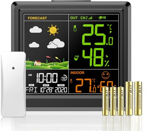 Station Météo Interieur Exterieur Sans Fil, Thermometre Hygrometre avec Capteur, Avec Ecran LCD Couleur Rétro-Éclairé, 3 Niveaux Luminosité, Avec Date Heure, Réveil, Prévision Météorologique