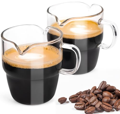 Espresso Cups Set of 2, 170.1 g Expresso Shots Cup, Stackable Espresso Shot Glass, Double Pourer Milk Cup, Clear Glass Cup with Handle for Coffee Bar