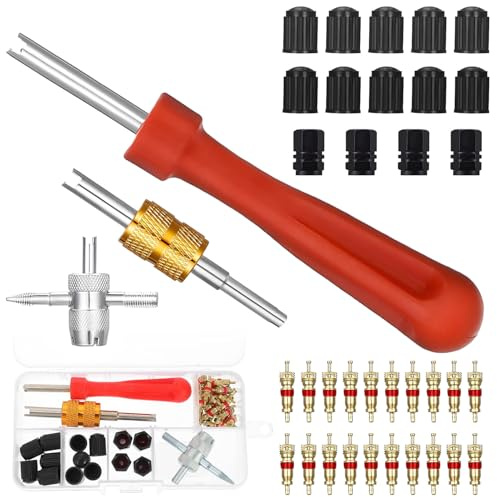 Extractor de válvulas, 3 unidades, llave de válvula de neumático, herramienta de extracción con 20 núcleos de válvula + 14 tapas de válvula de neumáticos, herramienta para coche, moto, bicicleta
