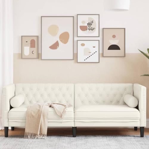 QJBSAVVA Chesterfield Sofa 3 Sitzer Creme Samt Bequem mit Nackenkissen Klassisches Design für Wohnzimmer Schlafzimmer und Büro