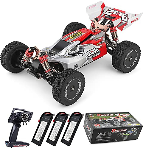 Teeggi WLtoys 144001 Ferngesteuertes Auto, 1/14 RC Geländewagen 4WD 60KM/H RC 2600mAh Batterie Aufrüsten Hohe Geschwindigkeit Offroad Drift 45 Min Fahrvergnügen 3 Batterien (Rot)