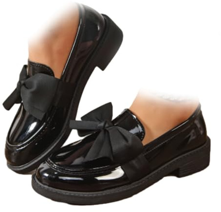 Mocassins orthopédiques à enfiler en cuir verni élégant avec nœud antidérapant pour femme, pour bureau et bureau, Noir , 10 UK Wide