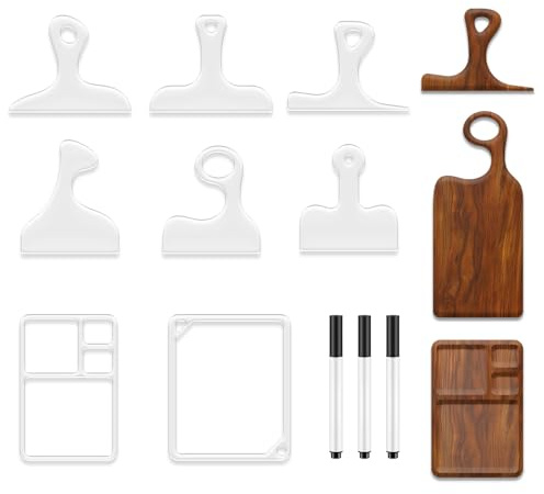 TWINKLEMON 8 Pcs Charcuterie Board Router Template Set for Woodworking, 6 Pcs Acrylic Cutting Board Handle Template & 2 Tray with 3 Pens, Tracing Stencils Template with Angled Curvy Handle Guide Tools