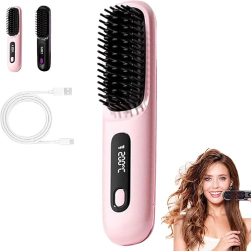 Glow Wave Heated Brush, 2026 New Glow Wave Heated Brush for Short Hair, USB Charging, 3 Heat Settings with LED Display, Portable Travel Styling Brush for Smooth Frizz-Free Hair (Pink)