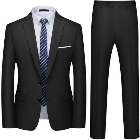 Mens Suits 2 Piece Slim Fit Two Button Suit Jacket & Trousers Set S Black