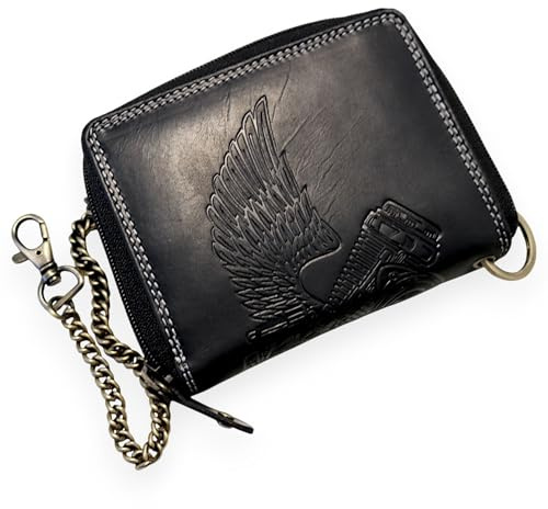 MDM herr biker läderplånbok med kedja, vintage, RFID-skydd, motor och vinge design, 8 kortfack, myntfack, 13 x 10 x 2 cm, svart, 10.0 X 12.5 X 2.5 Centimeters, Biker