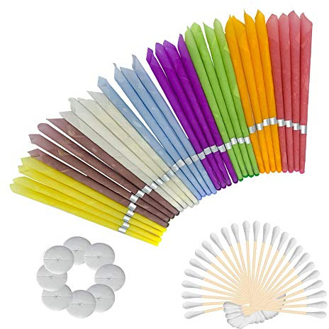 All Natural Ear Candles Beeswax Candling Cones - (8 Colours), Organic Non-Toxic Cylinders Fragrance Hollow Cone Candles with 8 Protective Disks (32pcs)