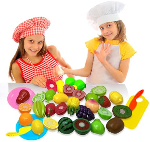 Koolbitz 37 PCs Kids Pretend Play Fruit & Veggies, Role Play Food Cutting Toy, Educational Playset Gift for Children 3+ Years