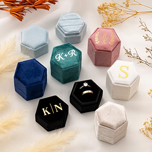 KEMEILA Personalisierte sechseckige Doppelring-Box aus Samt, individuelles romantisches Geschenk für Brautpaar, Freundin, Ringbox Hochzeit, Verlobung, Jahrestag, (KE-1021)