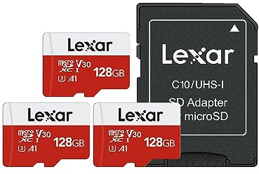 Lexar E-Series 128GB Micro SD Card 3 Pack, microSDXC UHS-I Flash Memory Card with Adapter, 100MB/s, C10, U3, A1, V30, Full HD, 4K UHD, High Speed TF Card