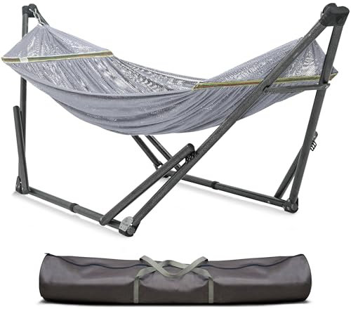 Tranquillo Uniki hängmatta, omedelbart 30-tal hopfällbart hängmatta, 250 kg kapacitet bärbar hängmatta, 3 års garanti robust stativ, revolutionerande design inga skruvar behövs, premium bärväska